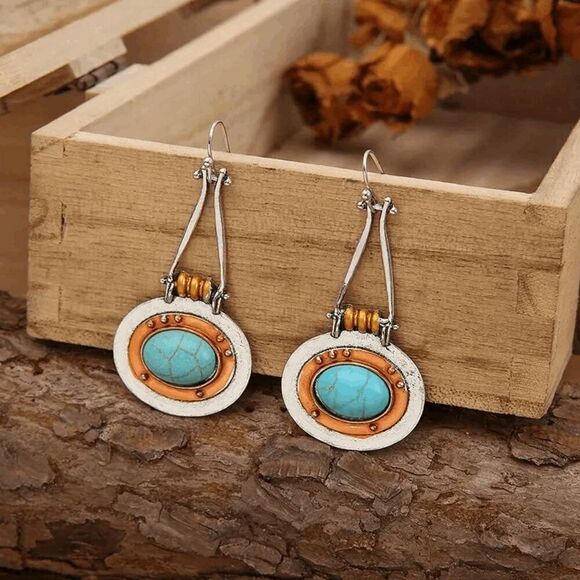 Western Boho Turquoise Dual Color Dangle Earrings - Picture 3 of 7